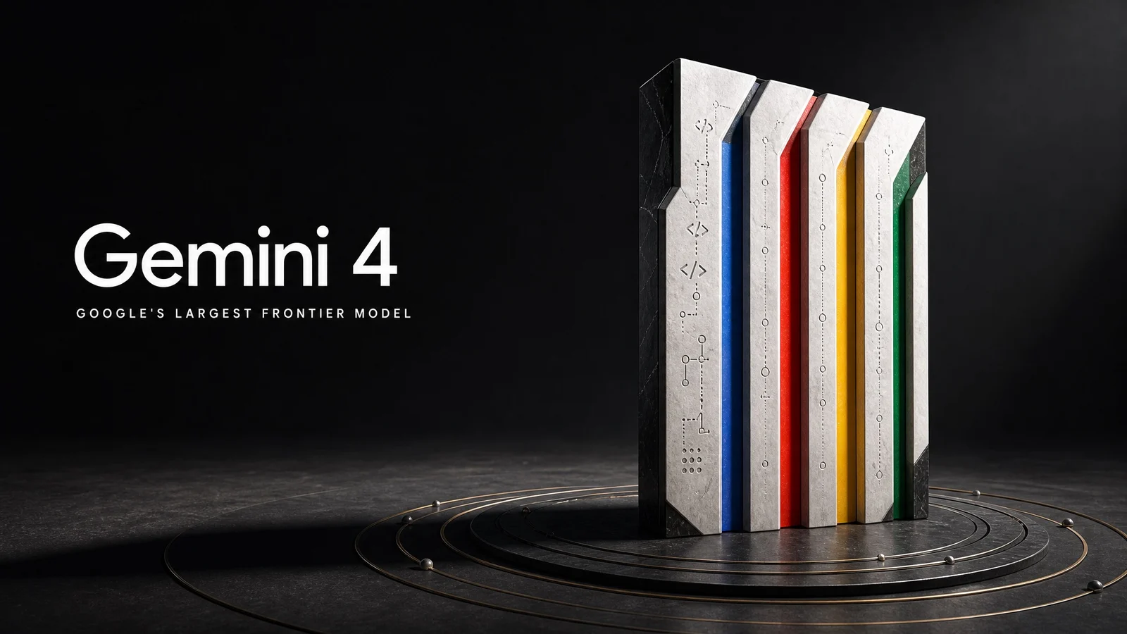 發布前外洩期流傳的 Gemini 4 主視覺，深色背景上一座由白、藍、紅、黃、綠五色鰭片組成的立碑，旁邊寫著 Gemini 4 與 Google 最大前沿模型