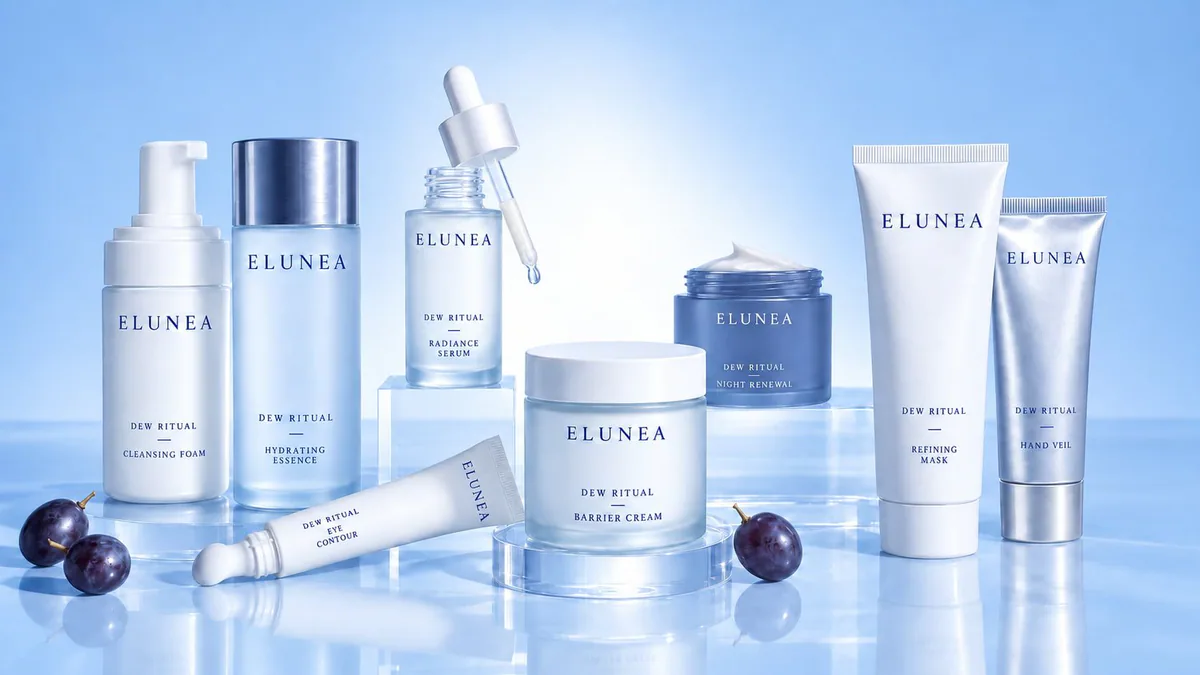 Um catálogo completo de cuidados com a pele para a marca fictícia ELUNEA: sete produtos coordenados sobre pedestais de acrílico com fundo azul suave e tipografia uniforme em cada rótulo