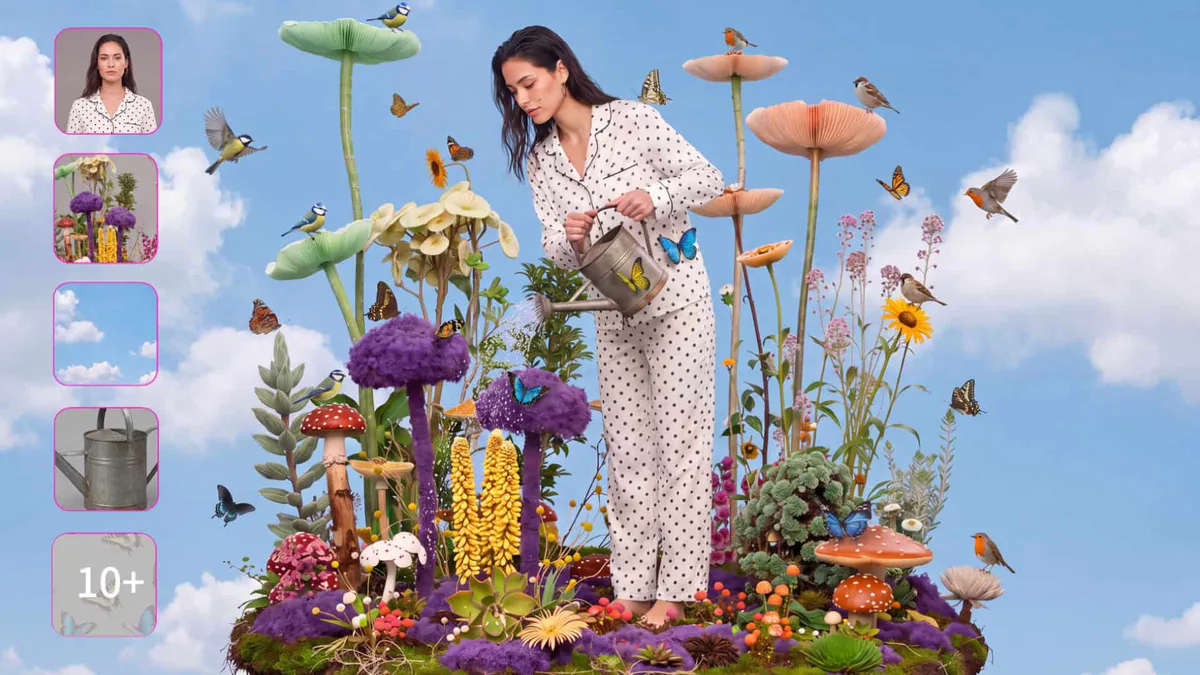 Uma cena de jardim surreal composta por cinco imagens de referência: uma mulher de pijama de bolinhas regando cogumelos gigantes entre borboletas e pássaros, com as miniaturas de referência alinhadas à esquerda