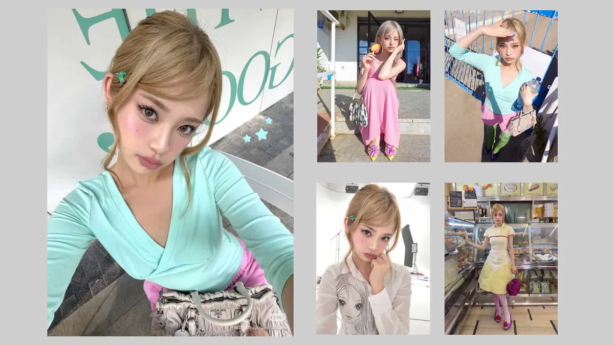 Uma colagem de selfies de redes sociais da mesma personagem loira em cenários diferentes — rua, cafeteria e estúdio — com o mesmo rosto e styling em cada publicação