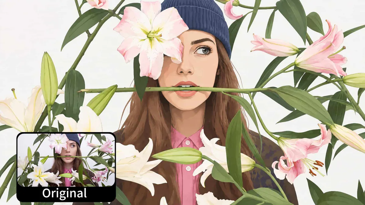 Uma ilustração editorial estilizada de uma mulher com gorro azul segurando um caule de lírio nos dentes, cercada por lírios rosados e brancos gigantes, com a foto original embutida no canto inferior esquerdo